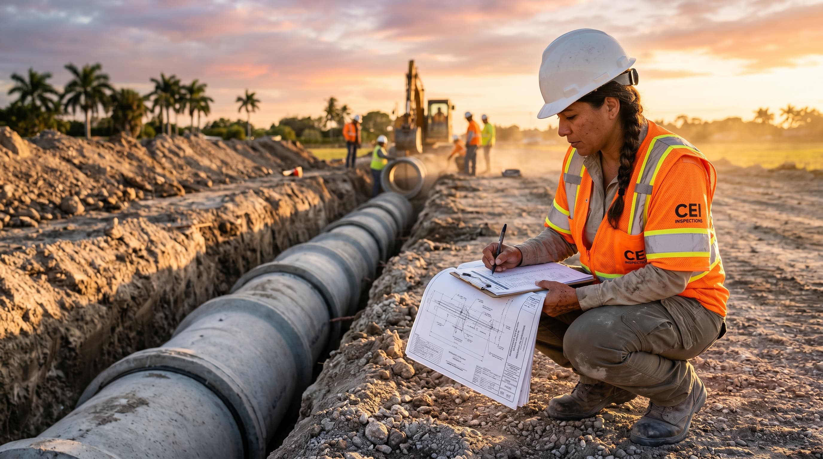 CEI inspector documenting pipe placement before backfill on a South Florida civil site