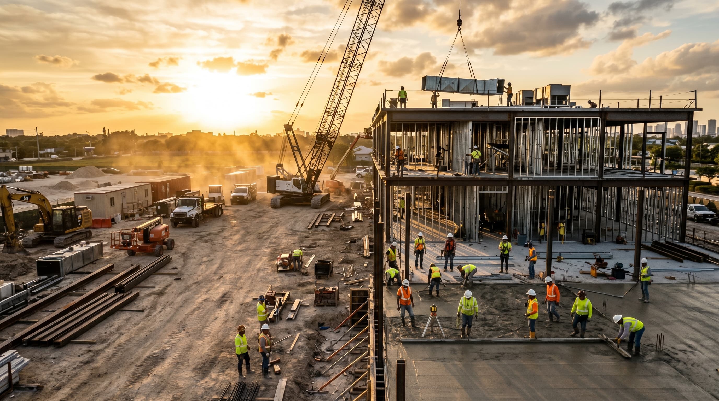 Full commercial job site — multi-trade coordination