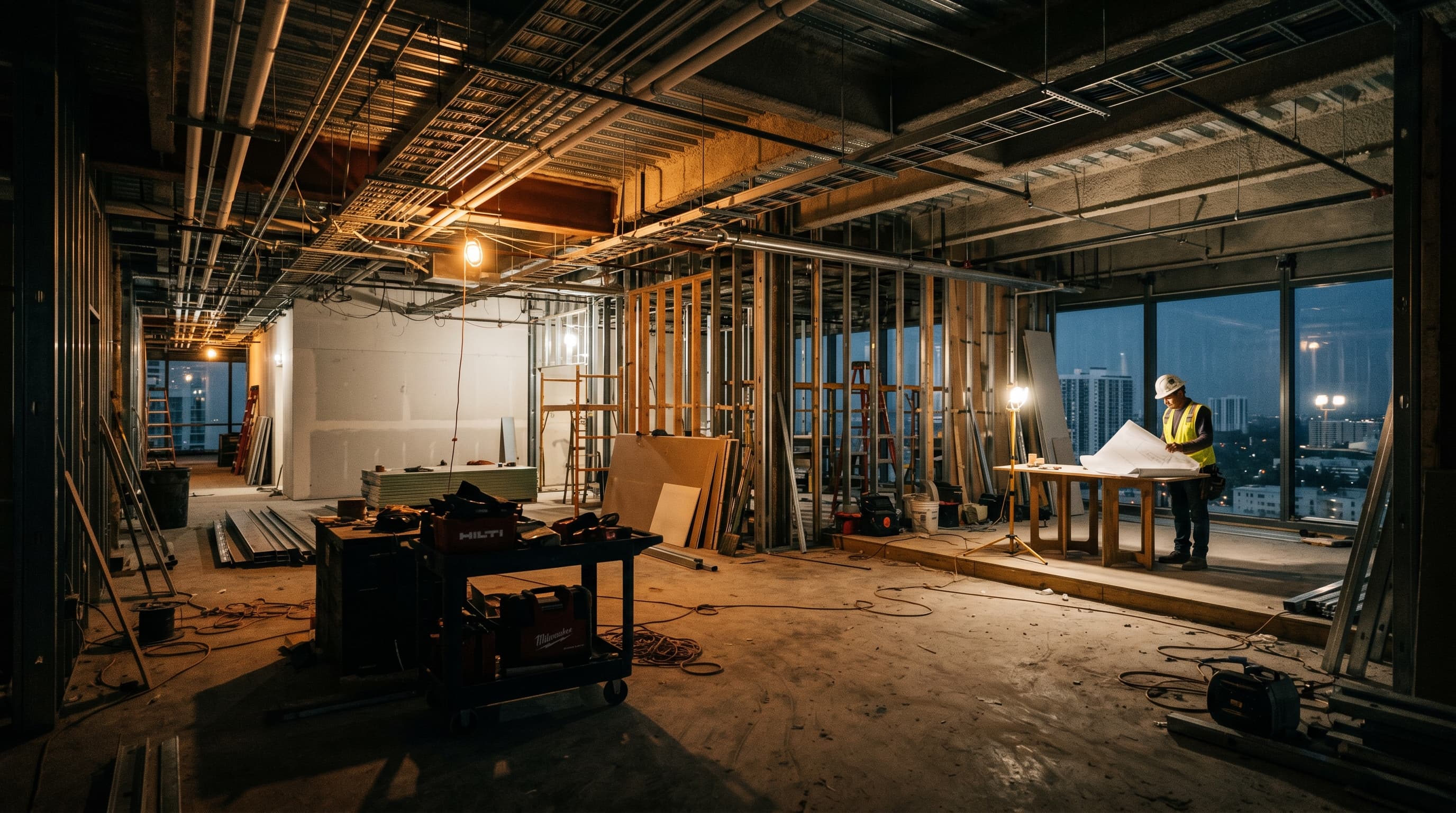Commercial interior build-out in progress — framing and MEP rough-in