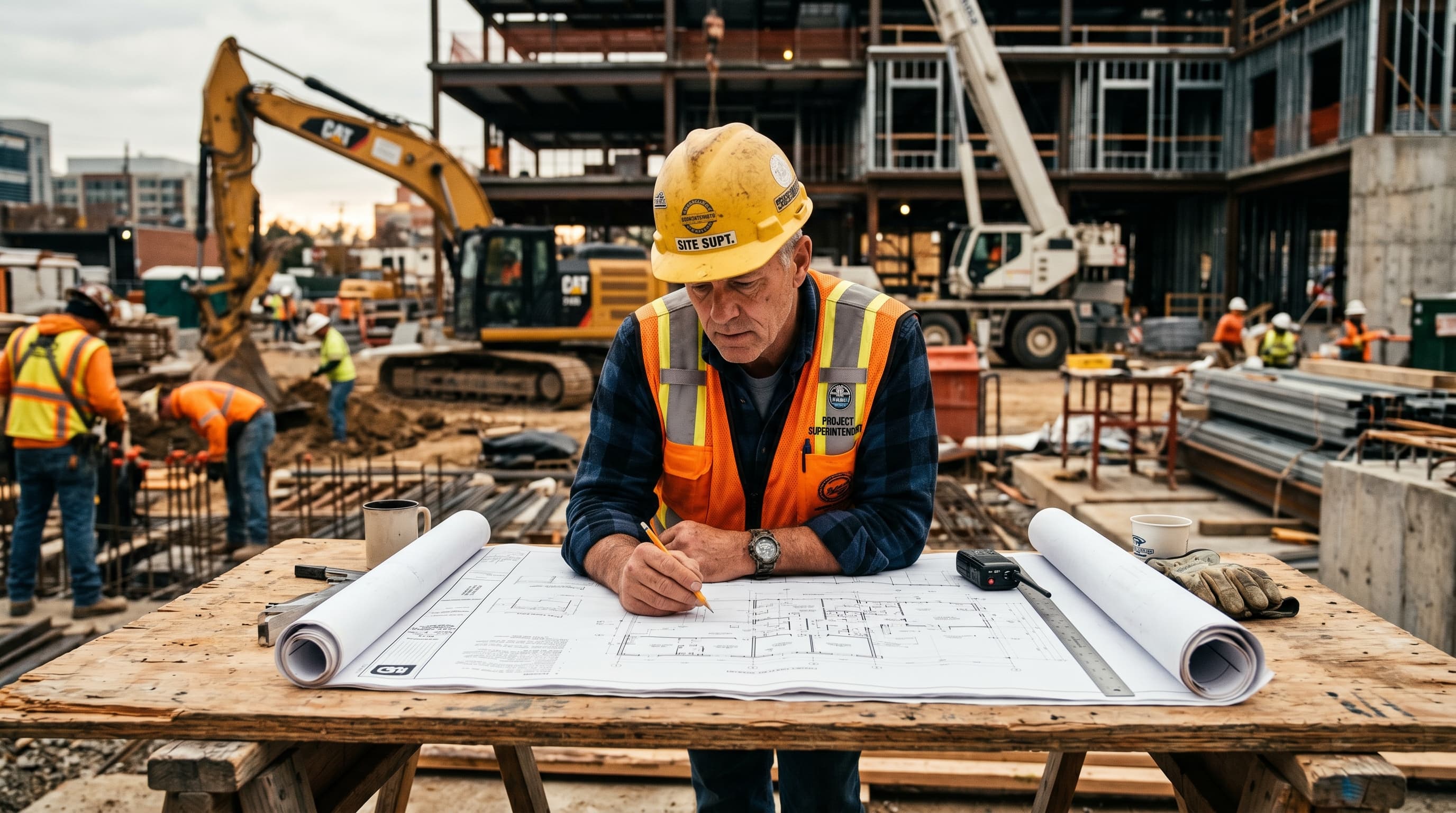 Project manager reviewing construction drawings on site