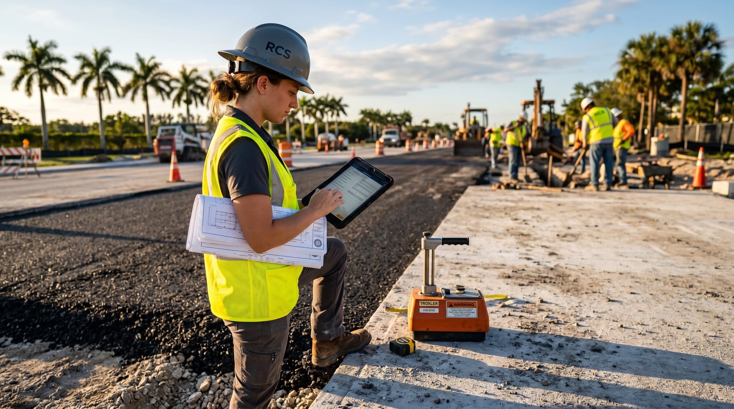 Inspector in a high-visibility vest taking a laser meter reading on a fresh concrete pour