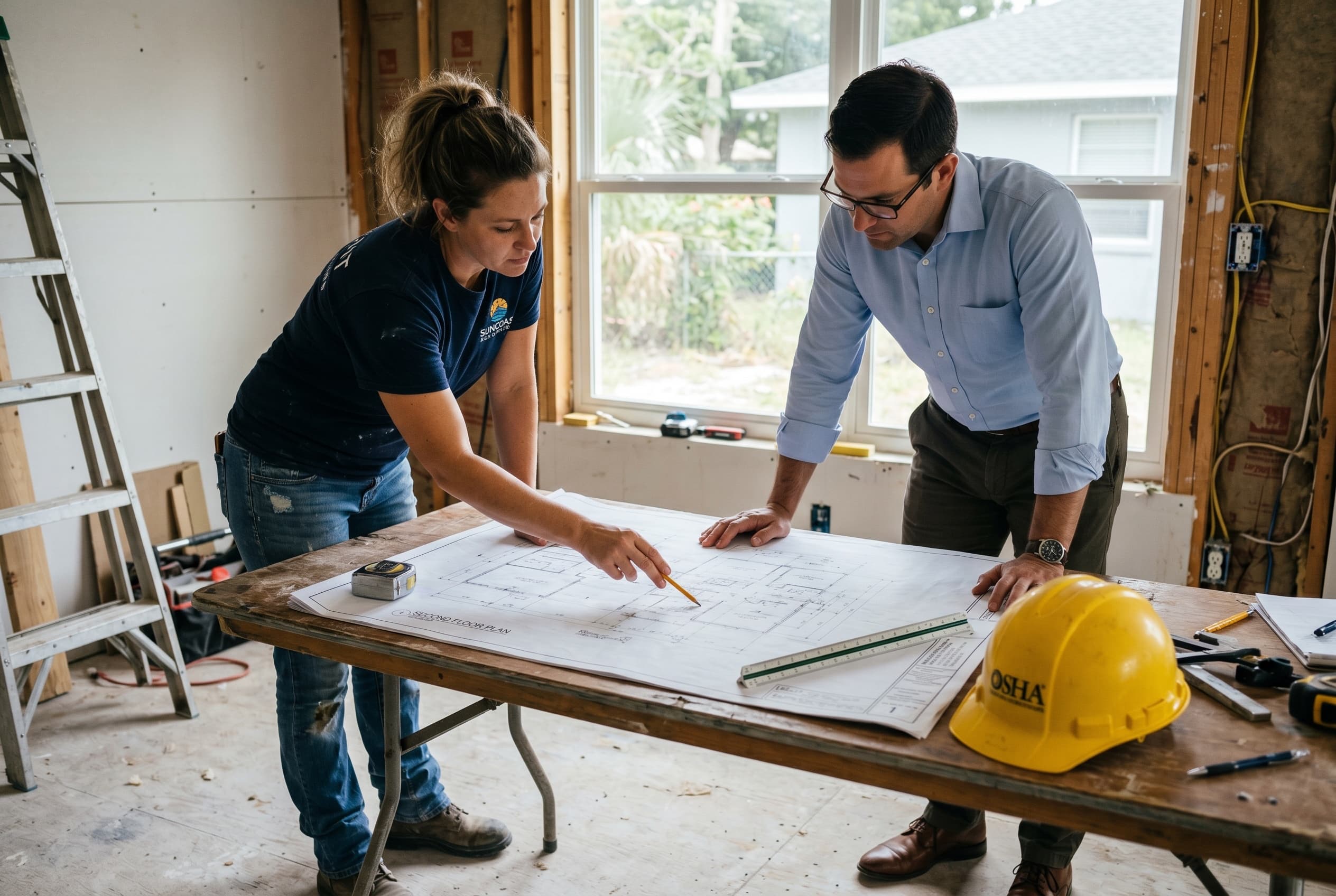 Project manager walking the space and coordinating the initial scope review
