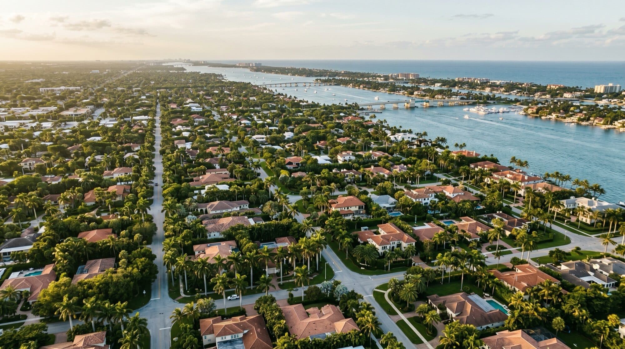 Aerial view of a Palm Beach County residential neighborhood with Intracoastal waterway visible