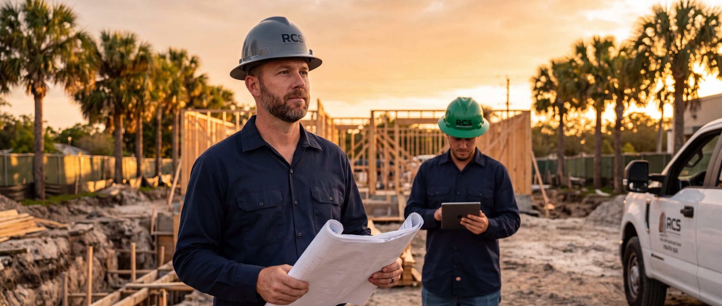 RCS team reviewing plans on a West Palm Beach jobsite