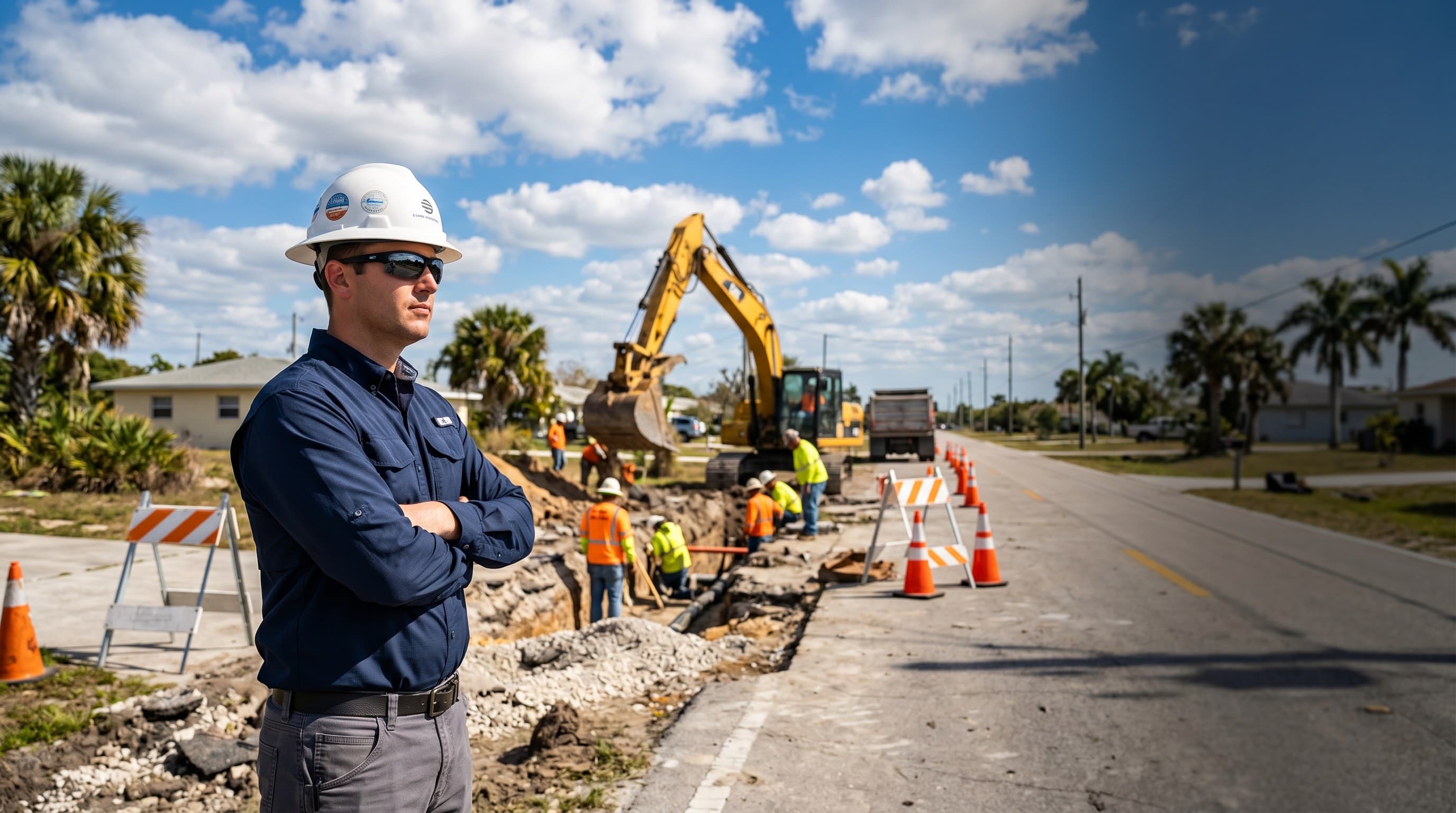 CEI inspector reviewing civil site work with engineered plans, utility corridor