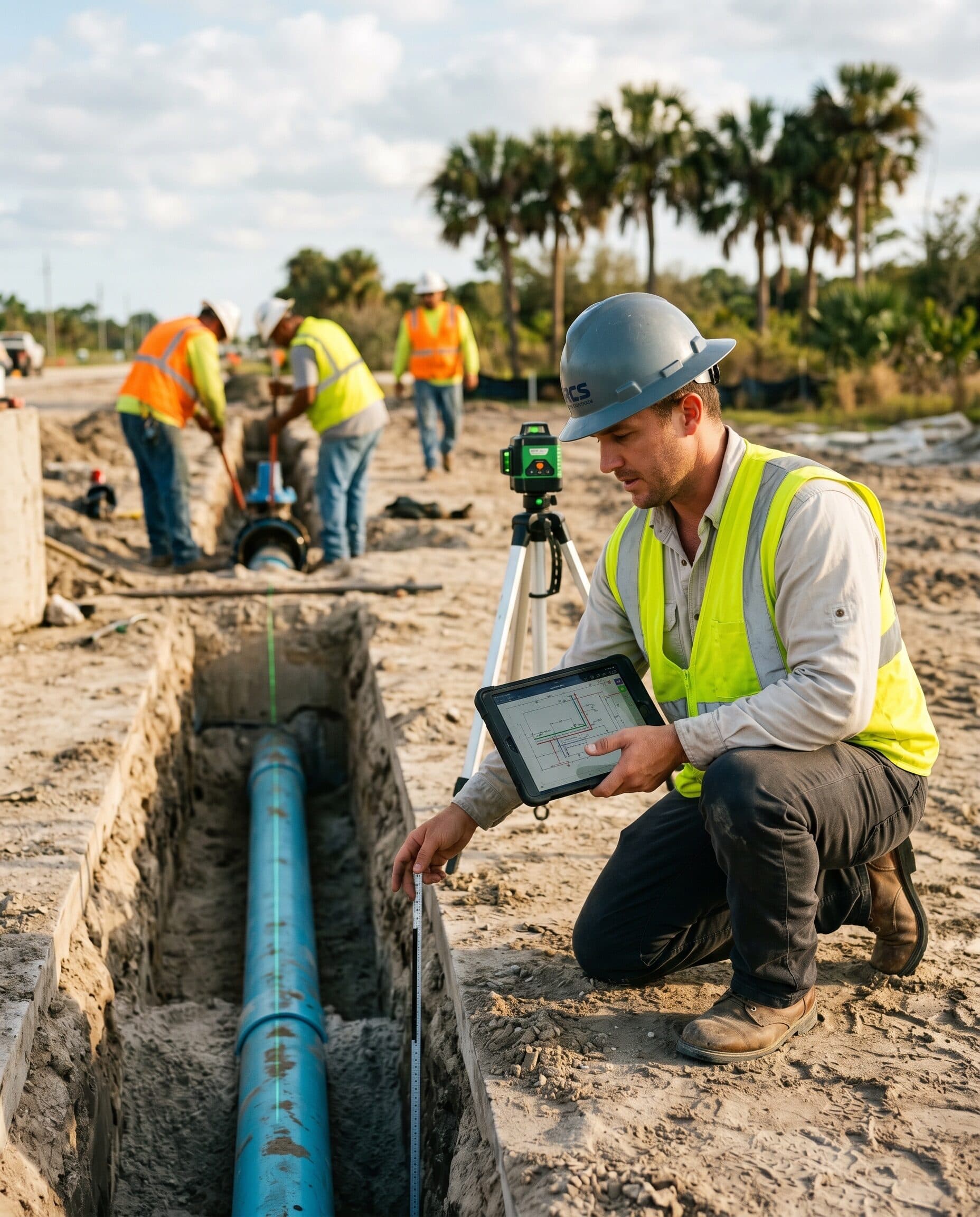 CEI inspector at an active utility trench, reviewing the approved plans while licensed trades work in background