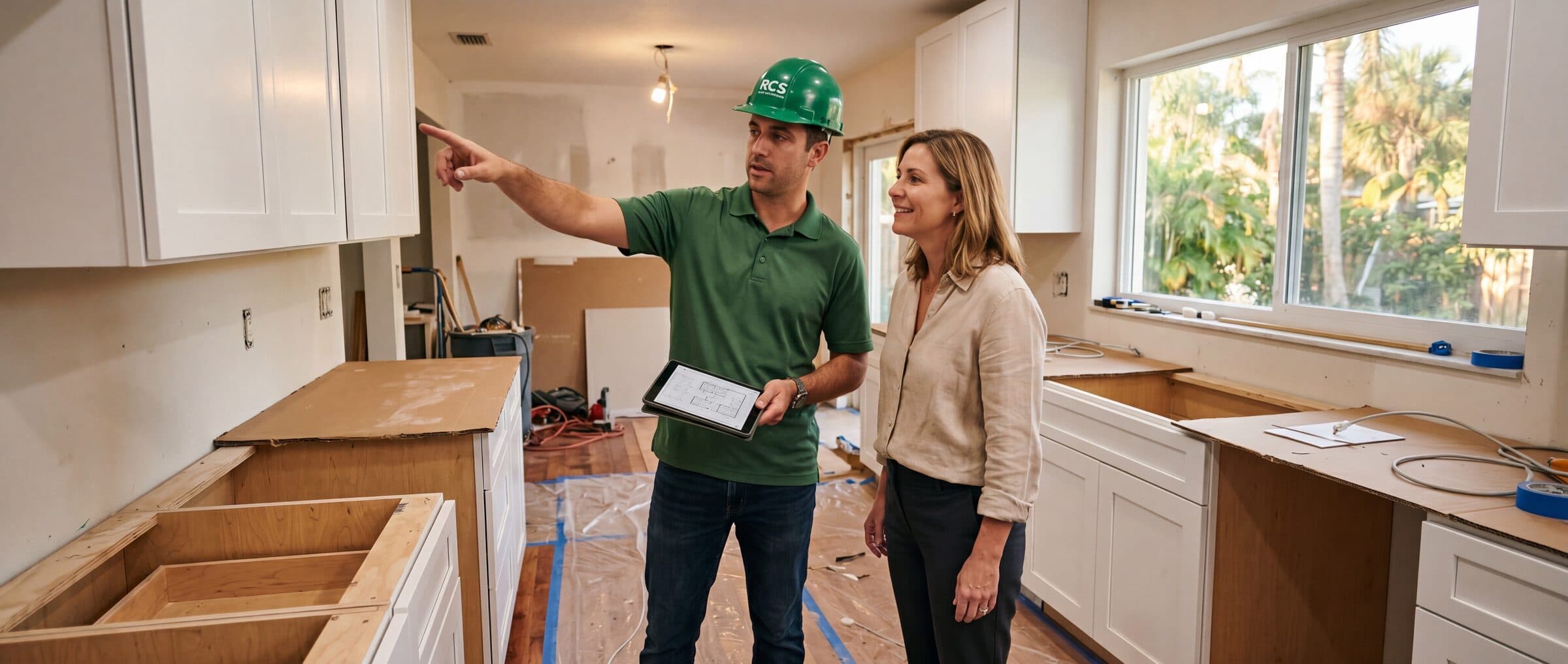 RCS project manager walking a homeowner through a renovation scope in Palm Beach County