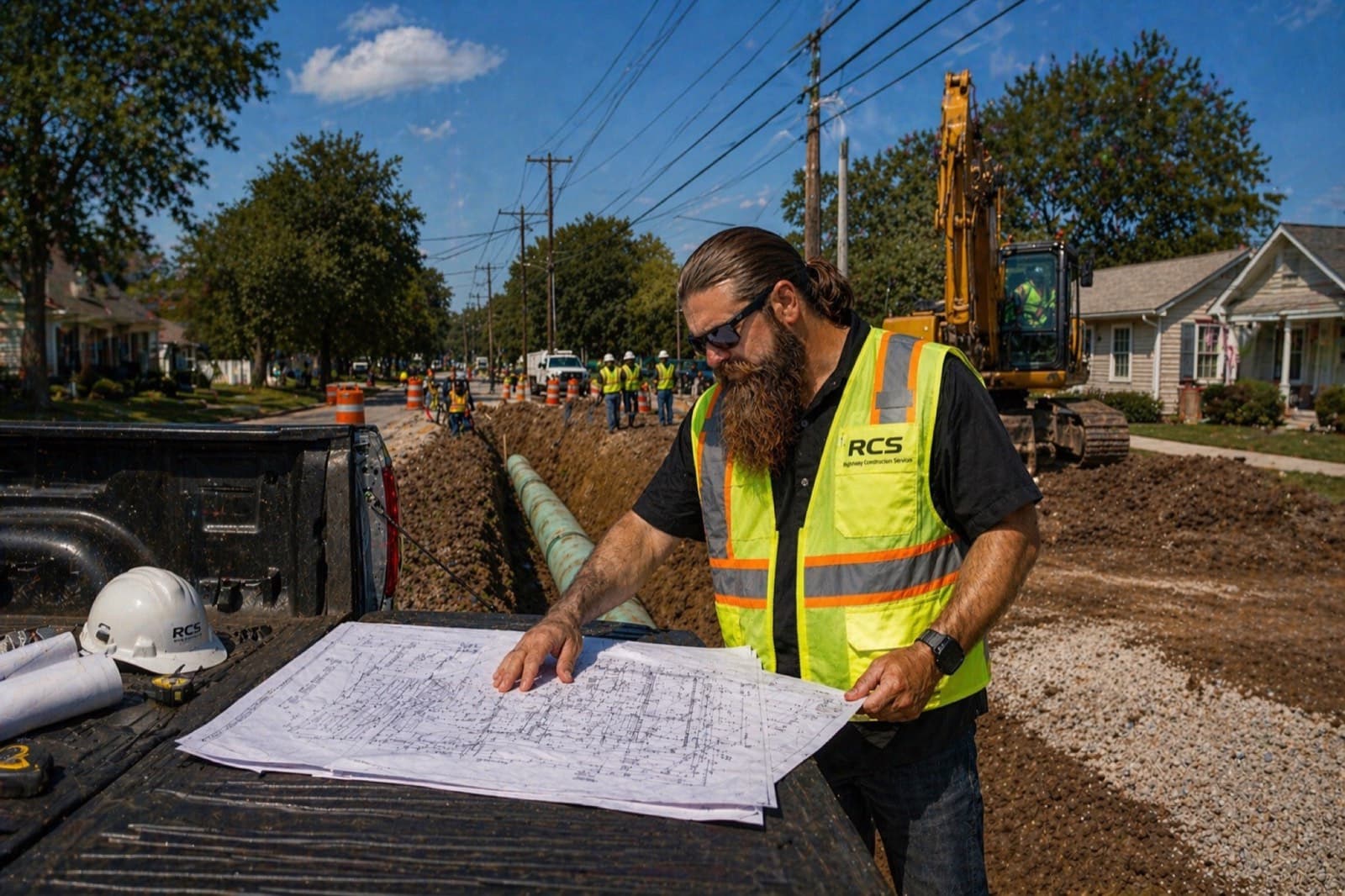 RCS inspector reviewing construction plans on a truck tailgate at an active utility jobsite