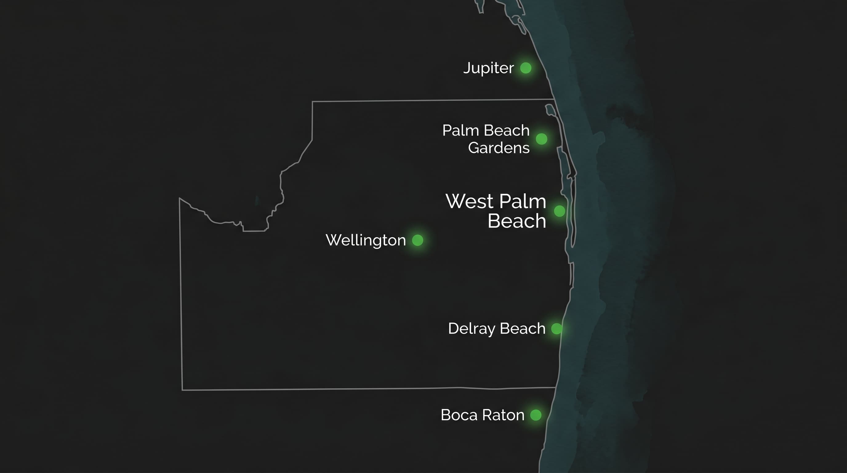 Service area map showing Palm Beach County cities: West Palm Beach, Jupiter, Wellington, Delray Beach, Boca Raton, Palm Beach Gardens