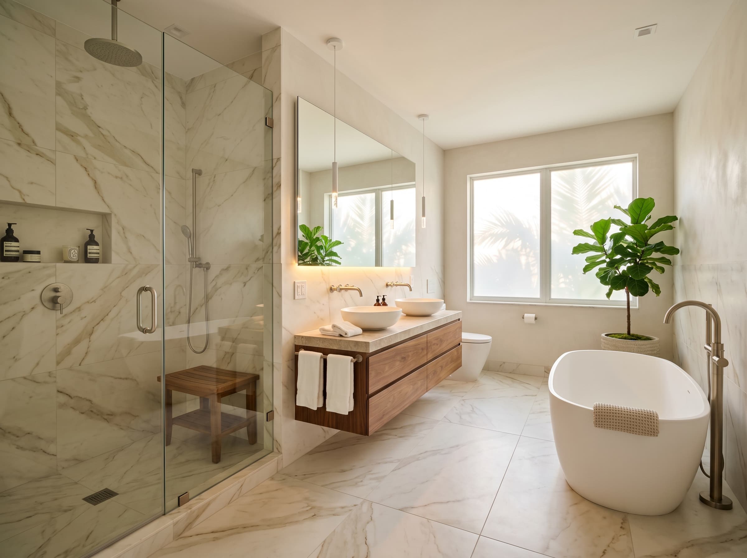 Luxury bathroom renovation with frameless glass shower and stone tile