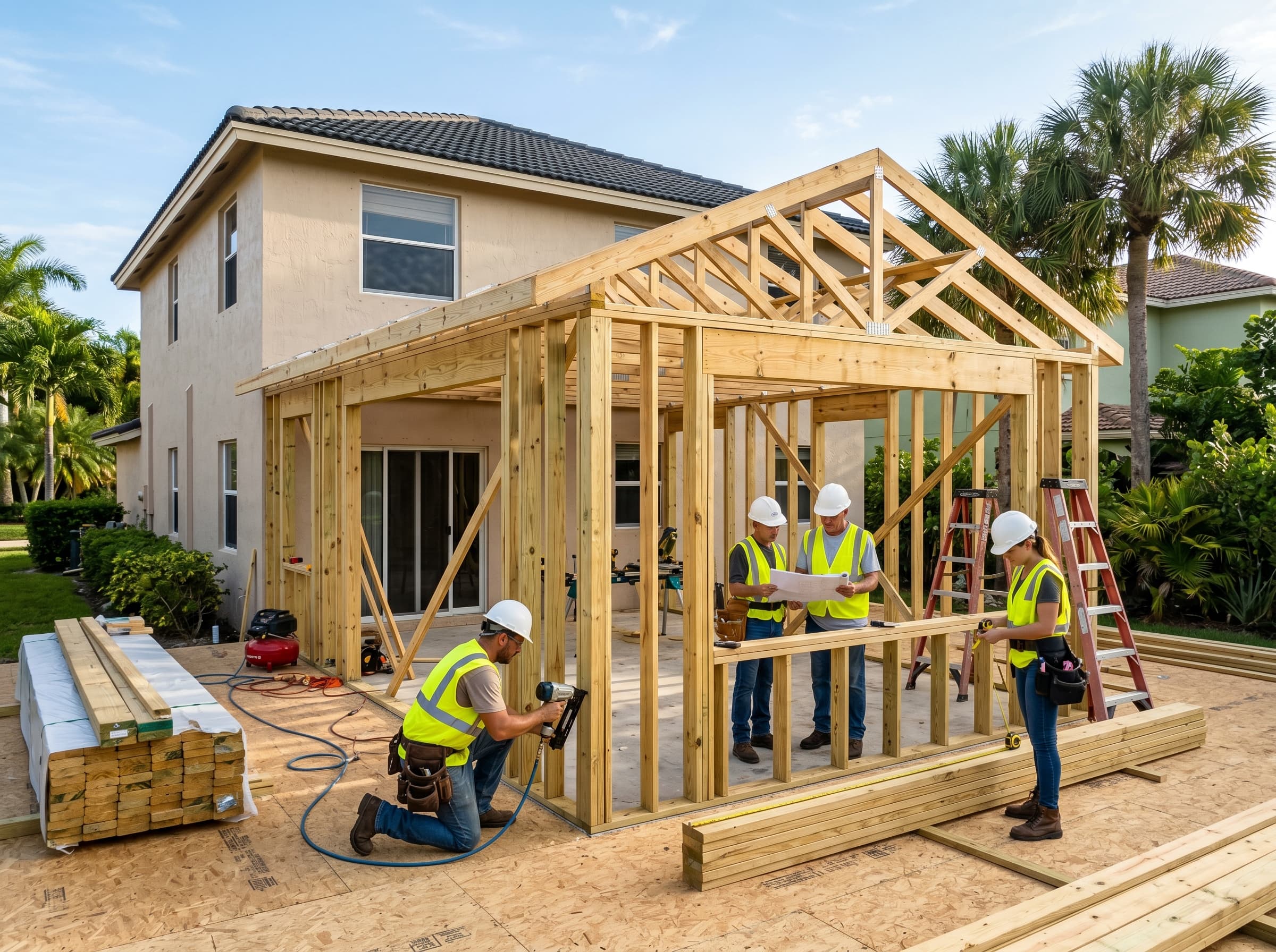 Residential addition framing in progress on a South Florida home