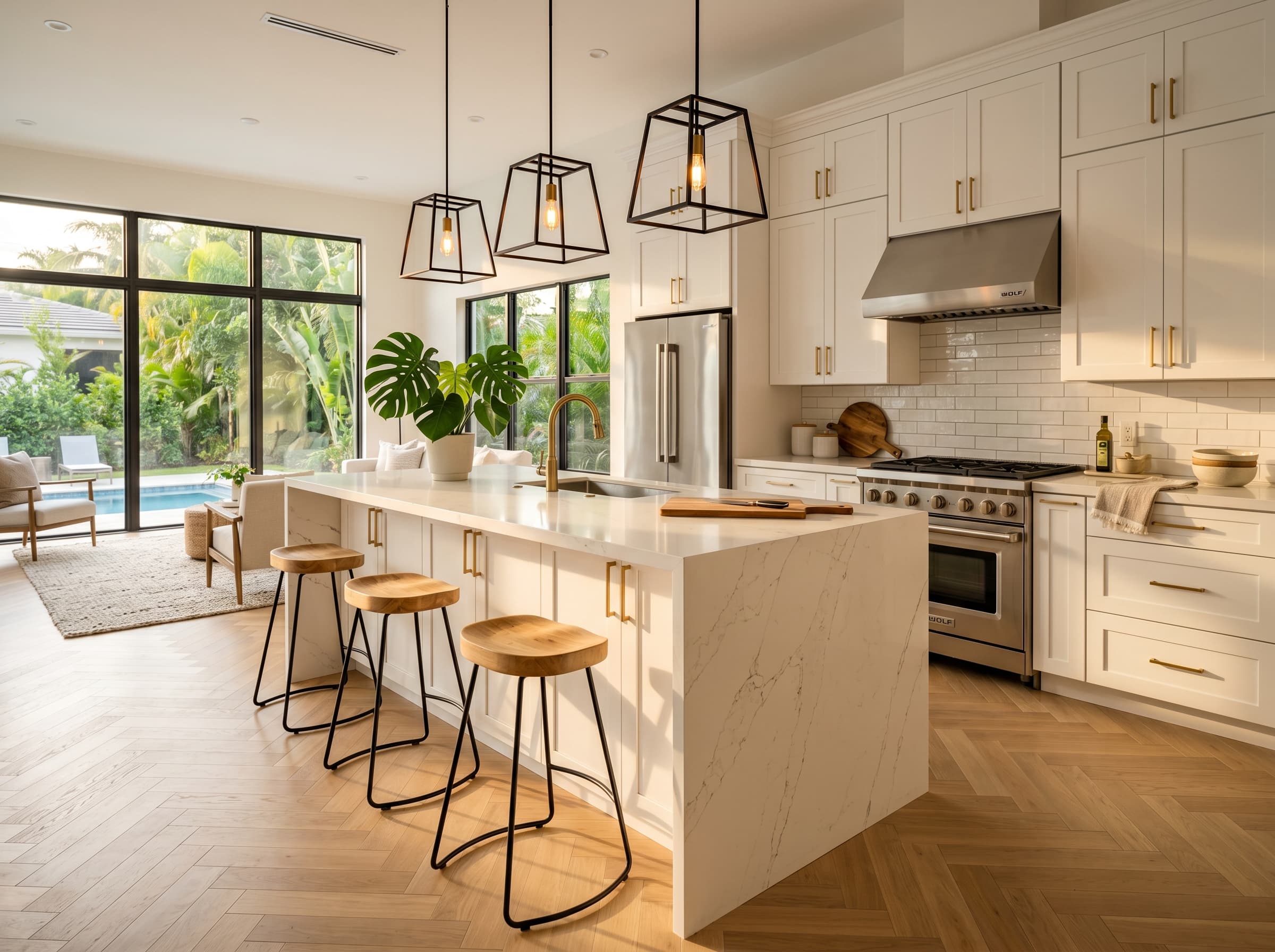 Modern kitchen remodel with white cabinetry and quartz island
